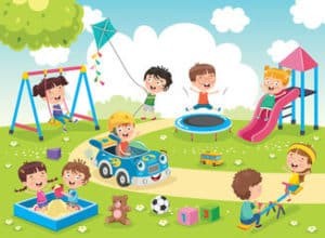 disegno di tanti bambini che giocano fuori ad un asilo nido con macchinine scivolo altalna sabbietta e giocattoli vari